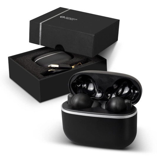 A pair of black Swiss Peak TWS Earbuds 2.0 in a black packaging box with an interior foam insert.