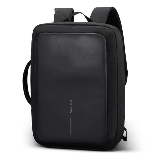 A black anti-theft backpack with a sleek design, featuring both backpack straps and a top handle.