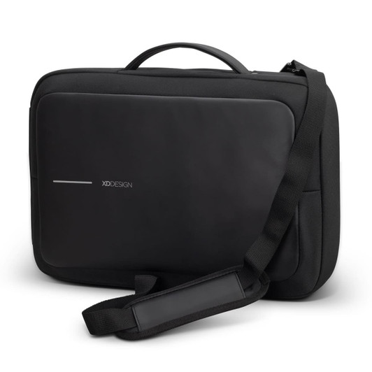 A black anti-theft backpack briefcase featuring a sleek design and an adjustable strap. It has a logo present.