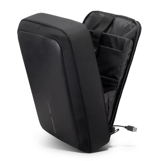 A black anti-theft backpack with a sleek design, featuring an open zipper and organisational pockets inside.