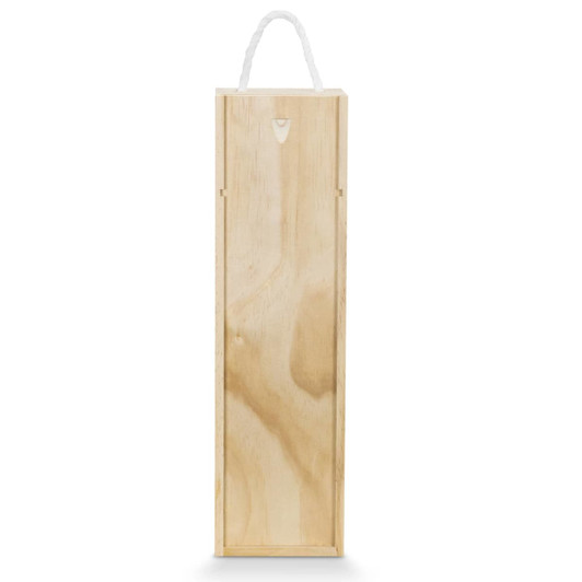 A wooden gift box with a natural finish and a white rope handle, suitable for wine.
