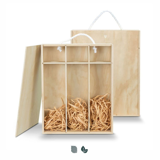 A wooden gift box featuring three compartments filled with shredded paper, with a rope handle for easy carrying.
