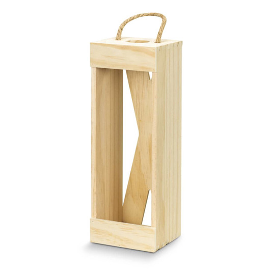 A wooden wine crate in natural finish, featuring a rope handle and an open design, ideal for single bottle storage.