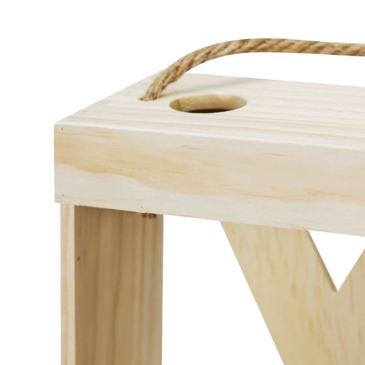 A light wooden wine crate with a handle, featuring a circular hole on the top.