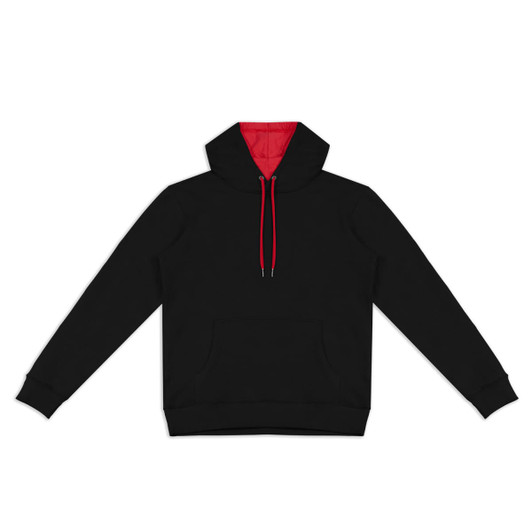 A black unisex hoodie with a red interior and drawstrings, featuring a front pocket and a hood.