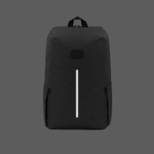 A black backpack featuring reflective detailing and side pockets. It includes a branding logo on the front.