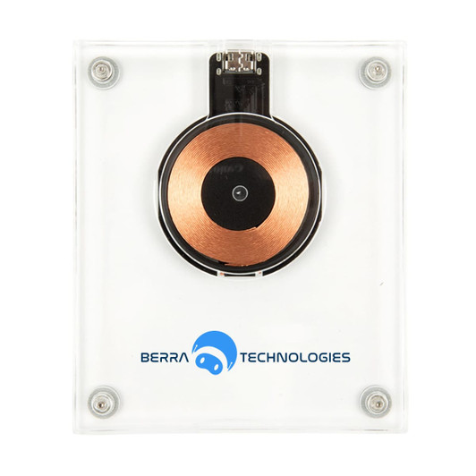 A crystal wireless charger with a copper charging pad, encased in a transparent plastic housing and featuring a logo.