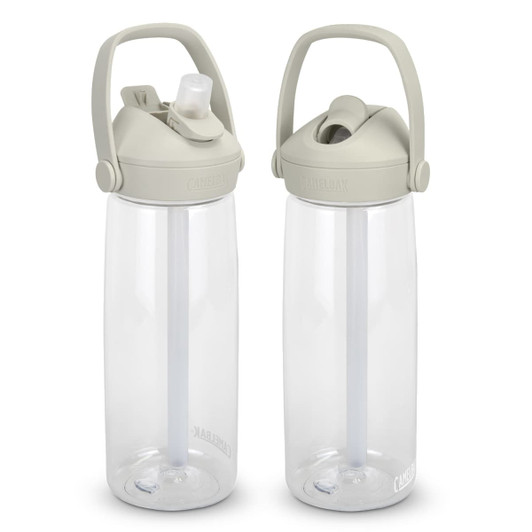 A drink bottle in clear plastic with a light grey lid and flip straw, featuring a carry handle and branding.