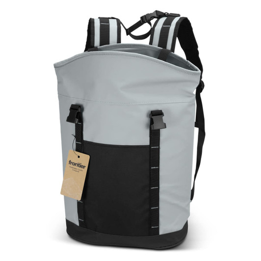 A grey and black cooler toting backpack with adjustable straps and a front pocket. It has a branding logo.