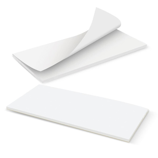 A horizontal notepad with a white cover and 50 blank leaves, featuring a simple design and a logo.