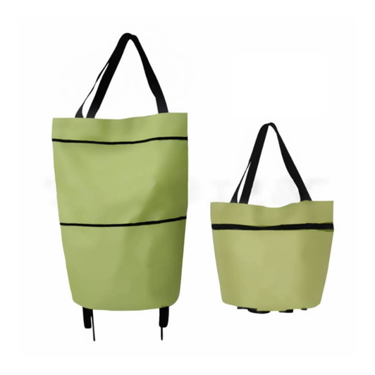 A light green collapsible shopping trolley bag with black straps, displayed in two different sizes.