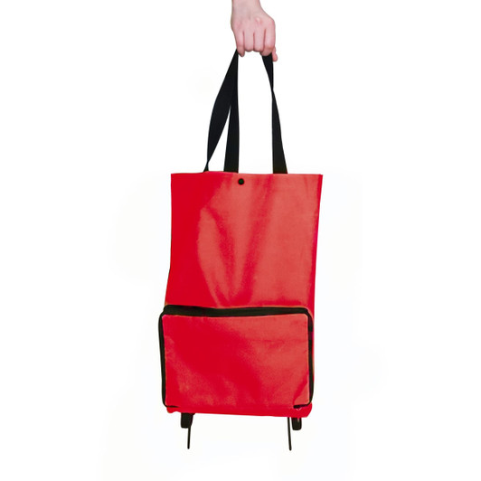 A red collapsible shopping trolley bag with a black trim and handles, featuring a front pocket and wheels.