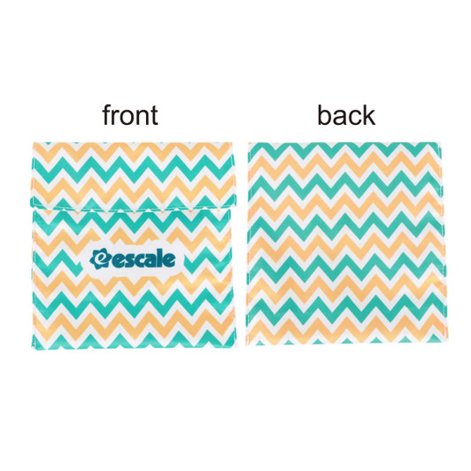 A reusable food pouch with a Velcro closure featuring a zigzag pattern in yellow, green, and white. It has a logo.