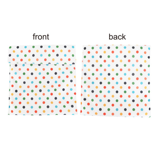 A reusable food pouch with a Velcro closure, featuring a polka dot pattern in various colours on both sides.