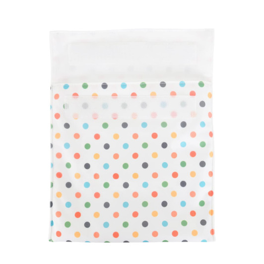 A reusable food pouch featuring a white background with multi-coloured polka dots and a Velcro closure.