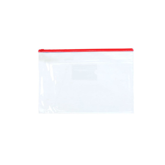 A transparent A4 file bag with a red zipper, suitable for storing documents and other items. Features a logo.