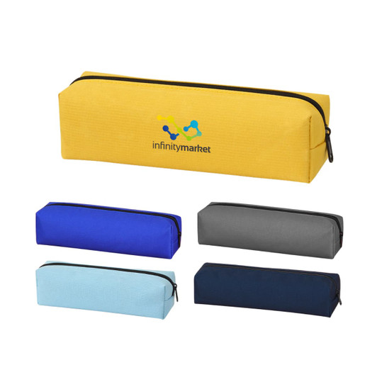 A collection of coloured pencil cases in yellow, blue, grey, light blue, and navy, featuring a logo.