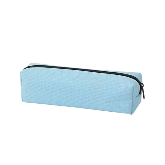 A light blue pencil case featuring a zip closure, with a simple design and a branding logo.