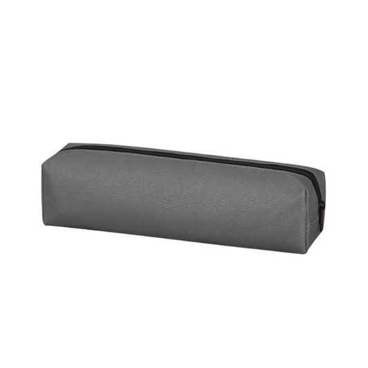 A grey pencil case with a rectangular shape and zip closure. It features a simple design and a small logo.
