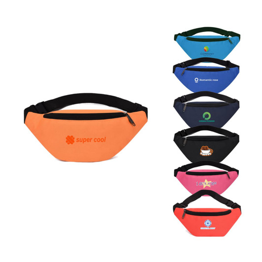 A collection of bum bags in various colours: orange, blue, black, and pink, featuring different logos and designs.