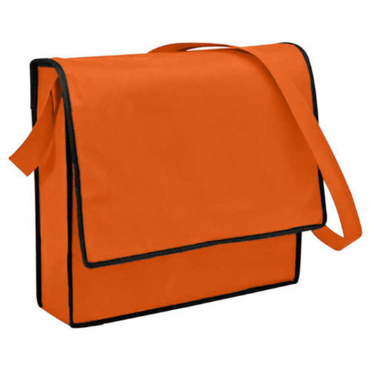 An orange non-woven sling bag with a black trim and a flap closure, featuring an adjustable strap.