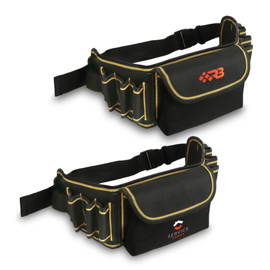 A black waist tool bag featuring orange accents and multiple pockets for tools, with two different logos on display.
