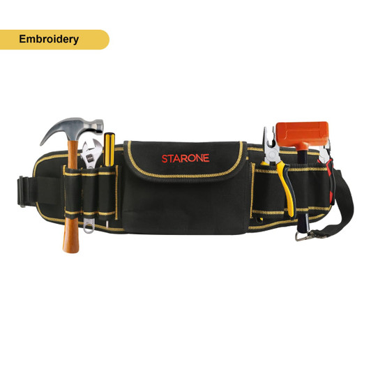 A black waist tool bag with yellow trim, featuring a hammer, pliers, and other tools, plus a logo.