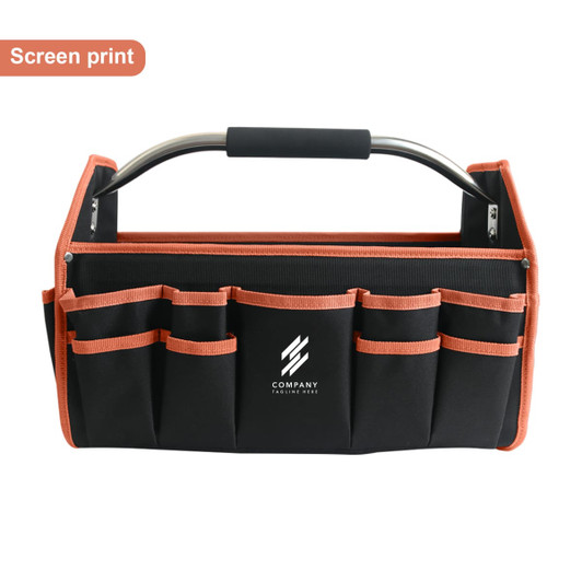 A black tool carrier bag with orange accents and multiple pockets, featuring a metal handle and a logo.