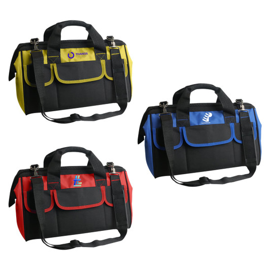 A tool bag featuring yellow, red, blue, and black colours, with multiple pockets and a shoulder strap.
