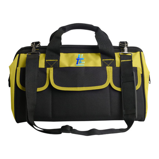A black and yellow tool bag featuring a logo, adjustable shoulder strap, and multiple pockets for storage.