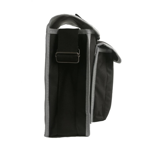 A portable tool bag in black with grey accents, featuring a sturdy strap and open top design.