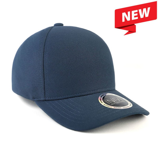 A navy blue cap featuring a textured waffle fabric and a circular logo on the front.