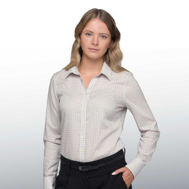 A women's button-up shirt featuring a check pattern, in light colour tones, with a collar and long sleeves.