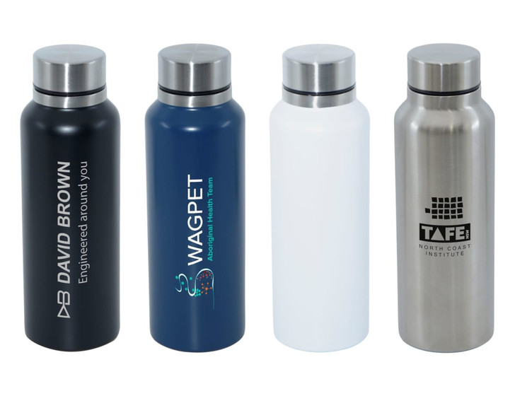 A drink bottle collection featuring a navy, blue, white, and stainless steel design, each with a logo.