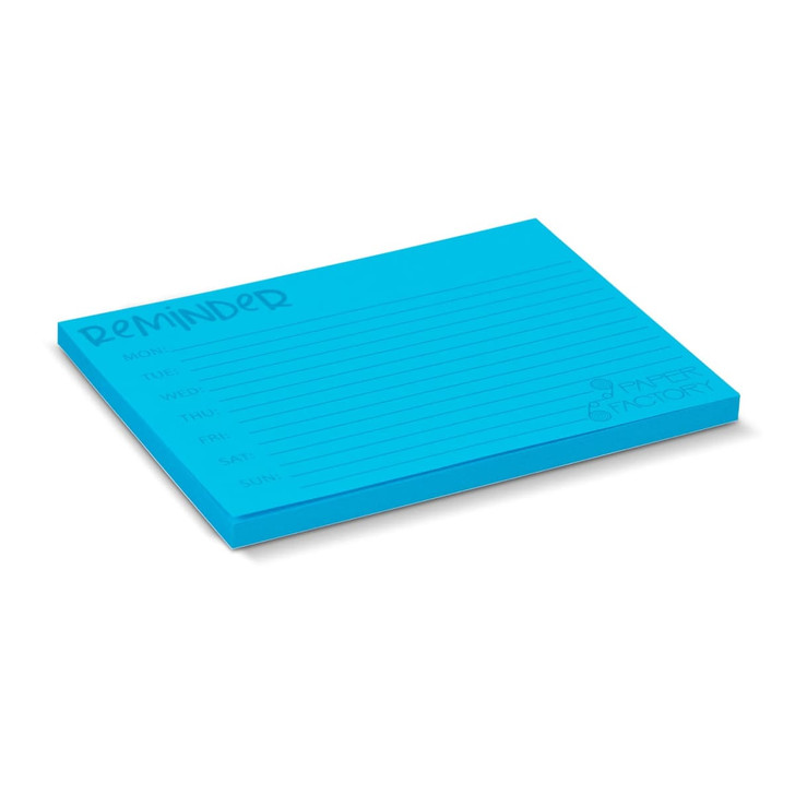 A blue sticky pad measuring 100 x 75mm, featuring 50 sheets for notes or reminders. It has branding on the side.