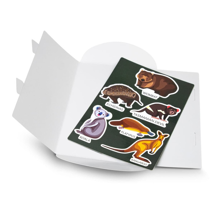A custom die cut magnet sheet featuring Australian animals like a wombat, echidna, and kangaroo on a green background.