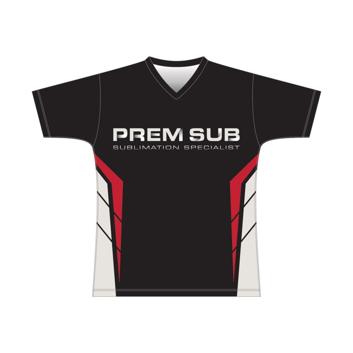 A black T-shirt featuring red and white accents, with a logo on the front.