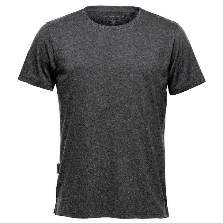 A grey crew neck t-shirt with short sleeves and a side label detail. It features a branding logo on the neckline.
