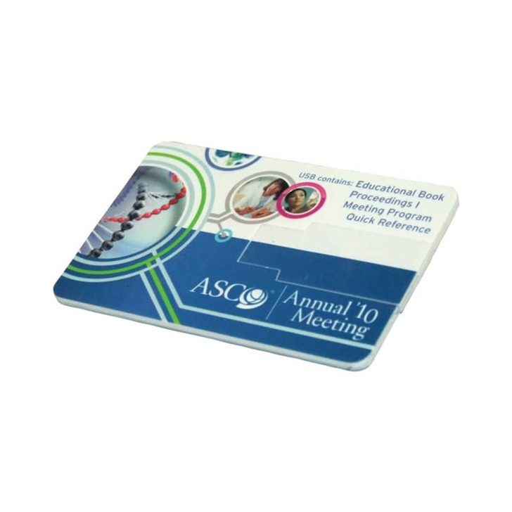 A slim, rectangular flash drive with a colourful design and an embedded USB connector. It features a logo and various images.