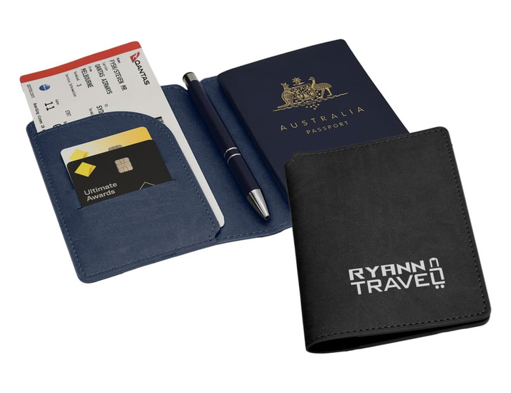 A navy and black passport wallet featuring multiple card slots, a pen, and an Australian passport. It includes branding.