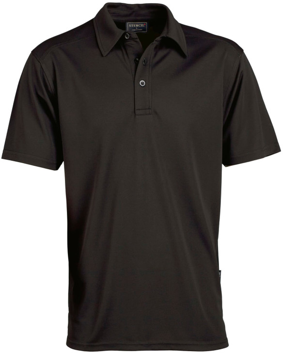 A black polo shirt with a collar and three-button placket, featuring a small logo on the chest.