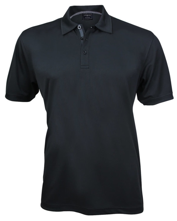 A black polo shirt with a collar and button placket. It features short sleeves and a logo.