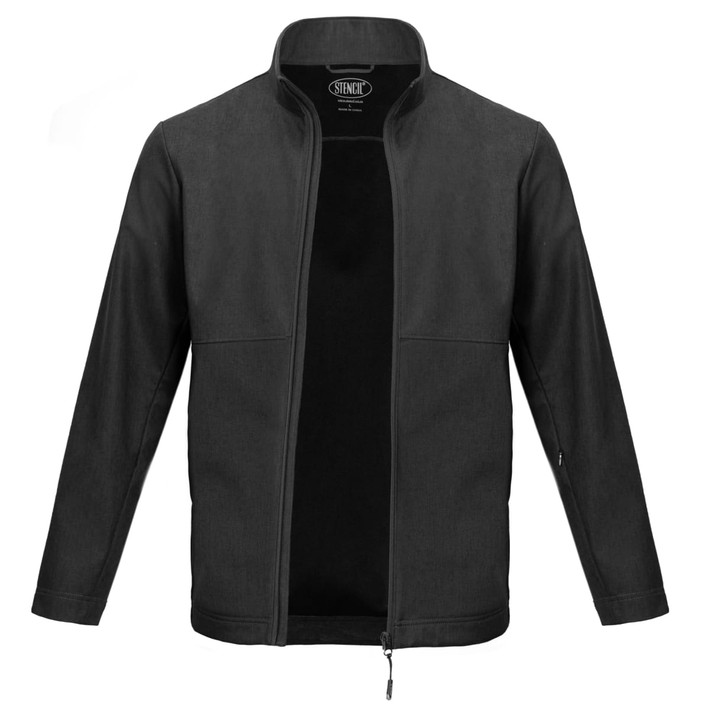 A black men's jacket with a zip front and two front pockets, featuring a collar and branding inside.