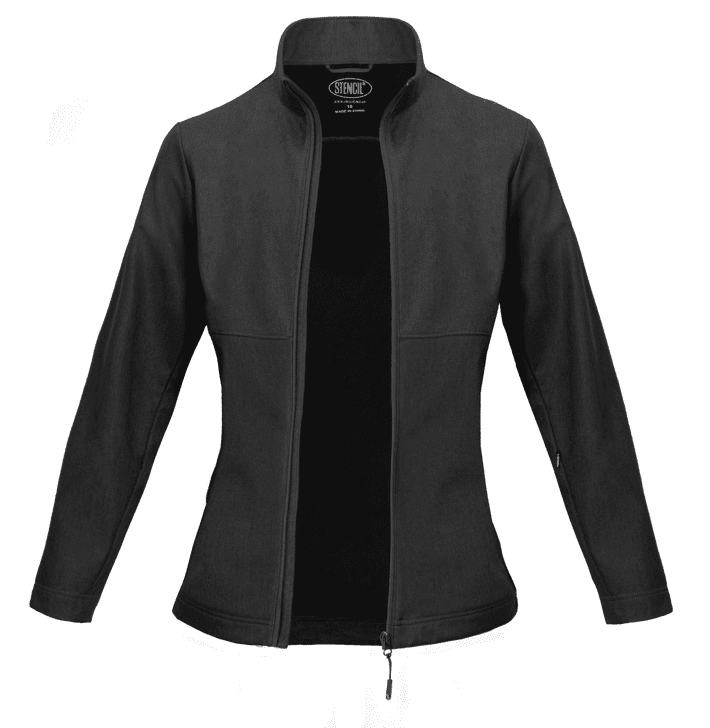 A black ladies' jacket with a zippered front and a high collar, featuring faint branding.
