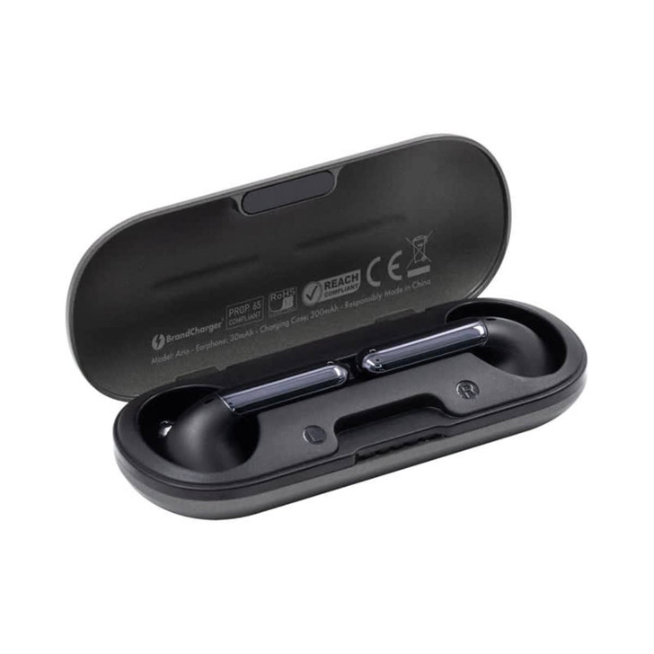 A pair of black Aria true wireless earbuds resting in a black charging case with a logo and branding.