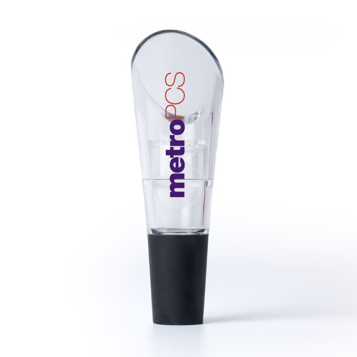 A clear aerator with a black base, featuring a logo on the side, designed for home use.