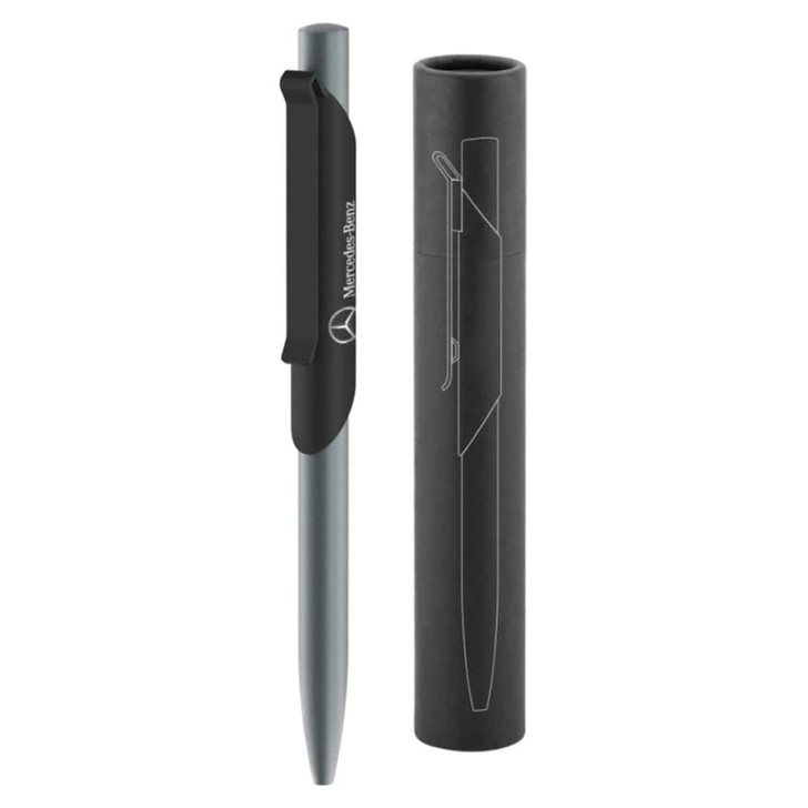 A metal pen in a sleek grey colour, displayed with a matching cylindrical casing. The pen features a clip and branding.