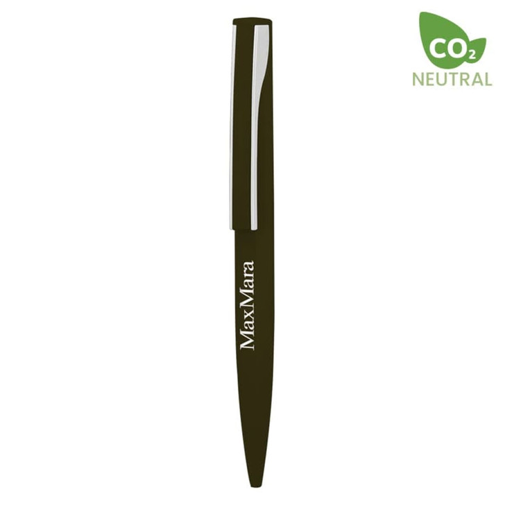A metal pen in dark green with a sleek design and a branded logo.