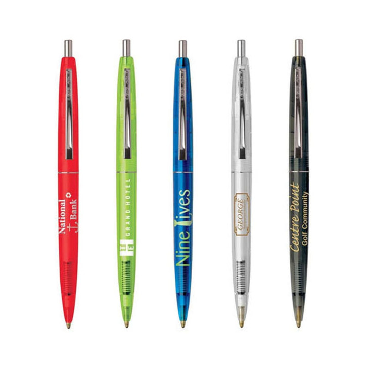 A collection of five plastic pens in red, green, blue, silver, and black, each featuring a logo or branding.