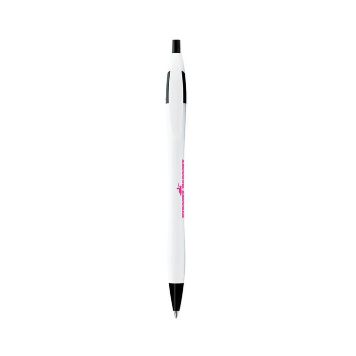 A curved pen in white with black accents and a branding logo.